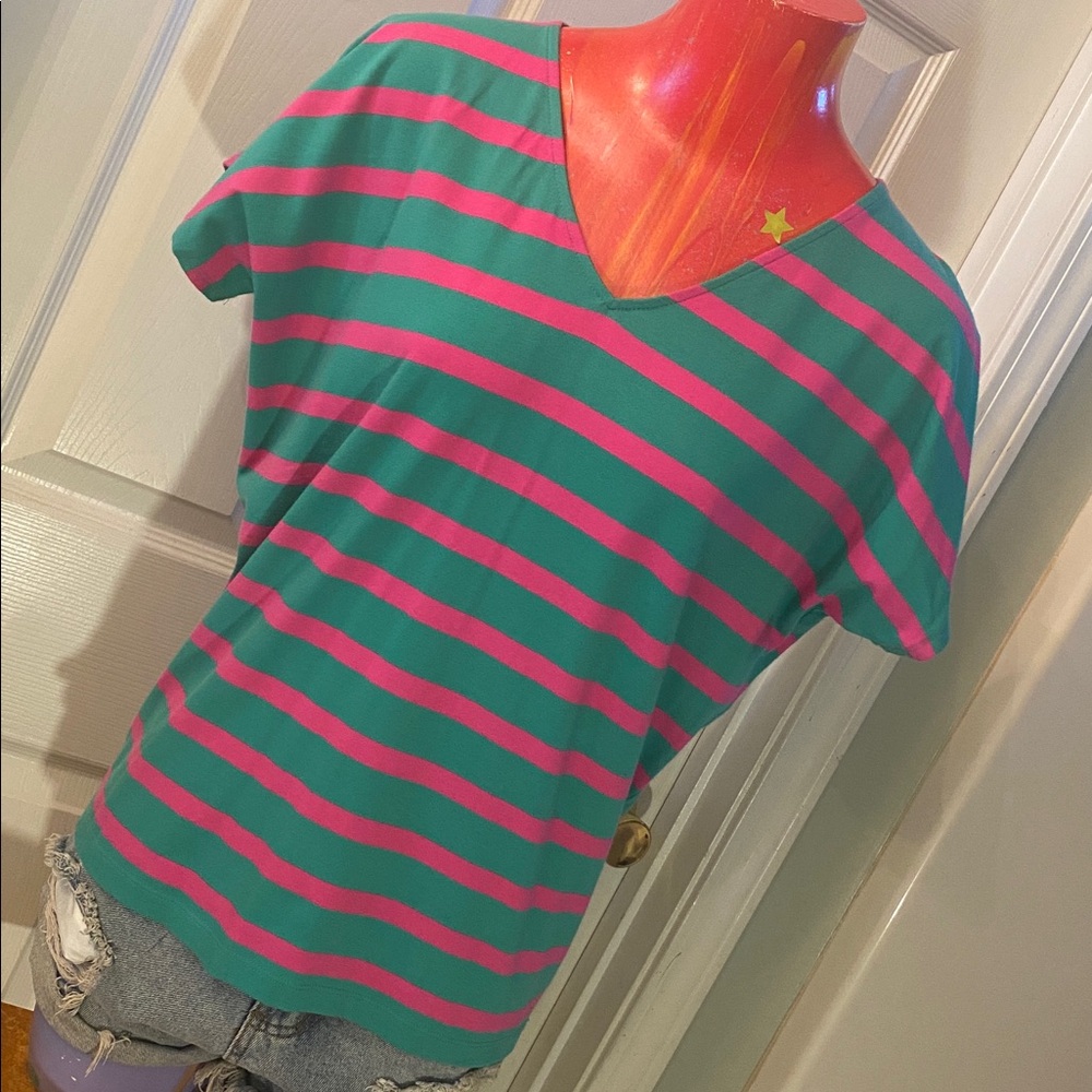 Jones New York Sport Vibrant Striped Electric Green & Hot Pink Top NWTs